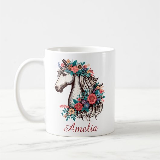 Personalisierter Name Boho Pferd mit Blume Kaffeetasse (Links)