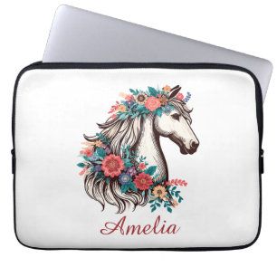 Personalisierter Name Boho Pferd mit Blume Laptopschutzhülle