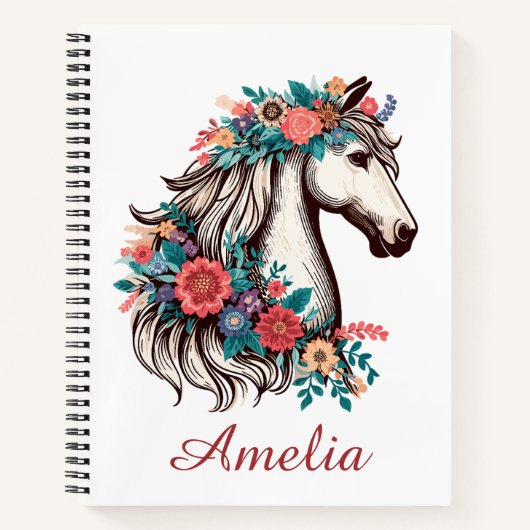 Personalisierter Name Boho Pferd mit Blume Notizblock (Vorderseite)