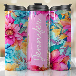 Personalisierter Name Bright Pink Floral Einmalige Thermosbecher