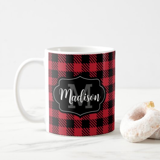 Personalisierter Name Buffalo Kariert Monogram Tas Kaffeetasse (Mit Donut)