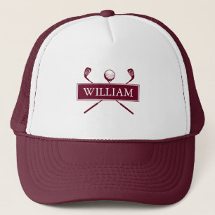 Personalisierter Name Burgundy Golf Ball and Clubs Truckerkappe