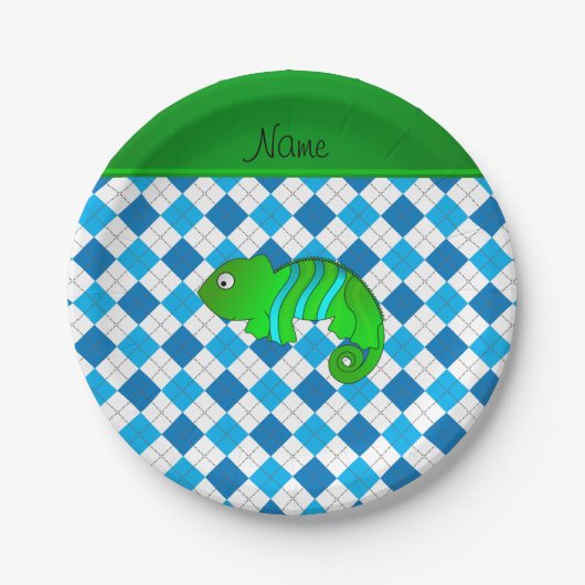 Personalisierter Name Chameleon Blau Raute Pappteller (Vorderseite)