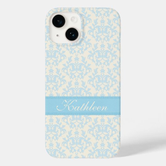 Personalisierter Name Damask hellblau Case-Mate iPhone Hülle (Rückseite)
