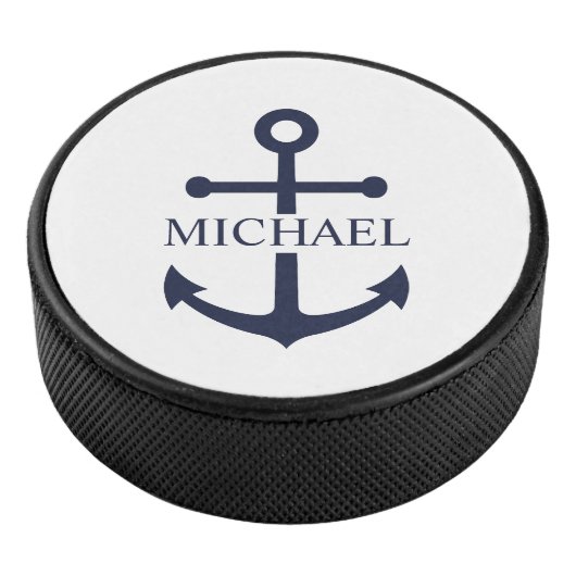 Personalisierter Name der Nautic Navy Blue Anchor Eishockey Puck (3/4)