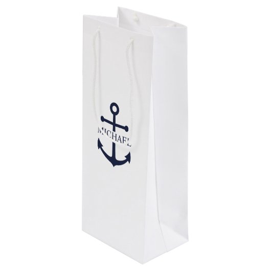 Personalisierter Name der Nautic Navy Blue Anchor Geschenktüte Für Weinflaschen (Vorderseite Schrägansicht)
