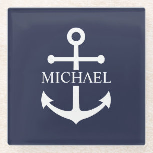 Personalisierter Name der Nautic Navy Blue Anchor Glasuntersetzer