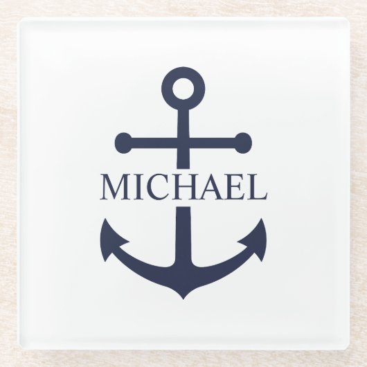 Personalisierter Name der Nautic Navy Blue Anchor Glasuntersetzer (Vorderseite)