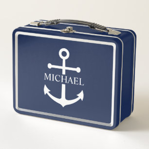 Personalisierter Name der Nautic Navy Blue Anchor Metall Brotdose