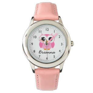 Personalisierter Name der niedlichen rosa Eule Armbanduhr