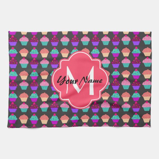 Personalisierter Name der Pink Cupcakes, Monogramm Geschirrtuch (Horizontal)