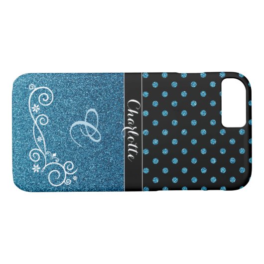 Personalisierter Name des blauen Glitzer Monogramm Case-Mate iPhone Hülle (Rückseite (Horizontal))