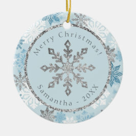 Personalisierter Name des Blauen Schneeflochs Keramik Ornament