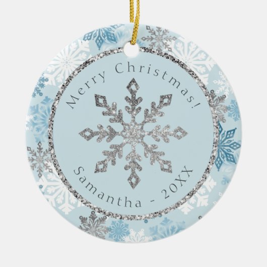 Personalisierter Name des Blauen Schneeflochs Keramik Ornament (Vorne)