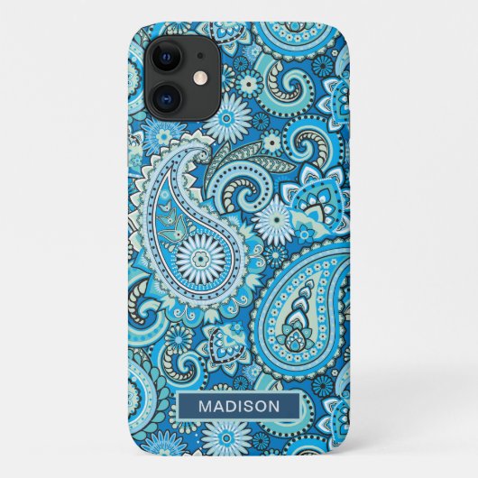 Personalisierter Name des modernen Blauen Paisley- Case-Mate iPhone Hülle (Rückseite)