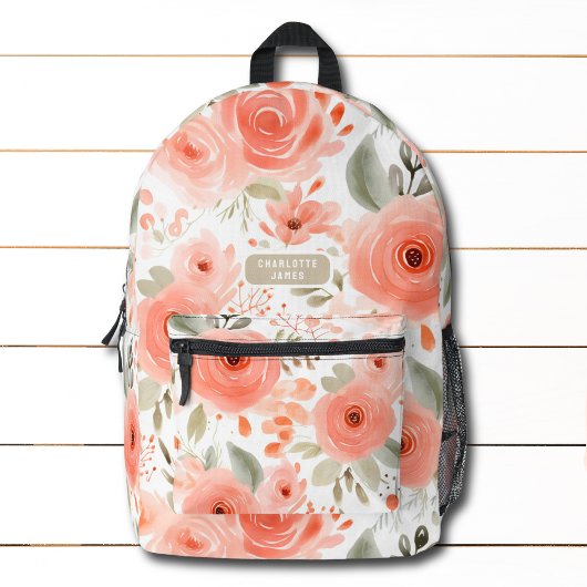 Personalisierter Name des Peach Watercolor Floral Bedruckter Rucksack