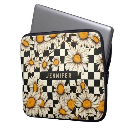 Personalisierter Name des Retro Groovy Daisy Check Laptopschutzhülle (Vorderseite Links)