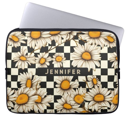 Personalisierter Name des Retro Groovy Daisy Check Laptopschutzhülle (Vorderseite)