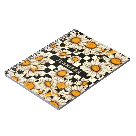 Personalisierter Name des Retro Groovy Daisy Check Notizblock (Linke Seite)