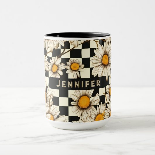 Personalisierter Name des Retro Groovy Daisy Check Tasse (Zentrum)