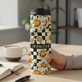 Personalisierter Name des Retro Groovy Daisy Check Thermosbecher