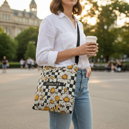 Personalisierter Name des Retro Groovy Daisy Check Tragetaschen Mit Langen Trägern