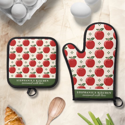 Personalisierter Name des roten Musters Ofenhandschuh & Topflappen-Set