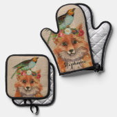 Personalisierter Name des Wasserfarbenfoxs Floral Ofenhandschuh & Topflappen-Set (Vorderseite/Rückseite)