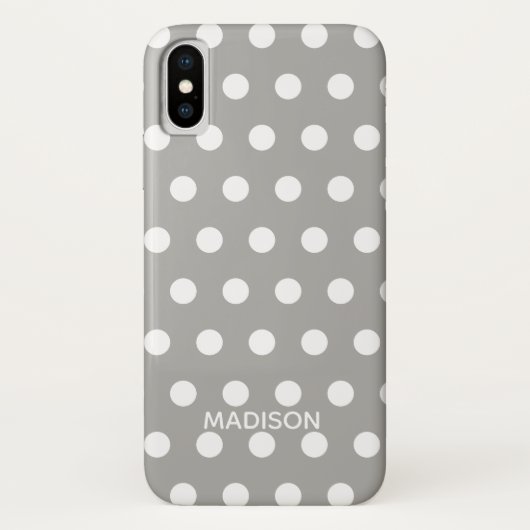 Personalisierter Name des weißen und grauen Polka- Case-Mate iPhone Hülle (Rückseite)