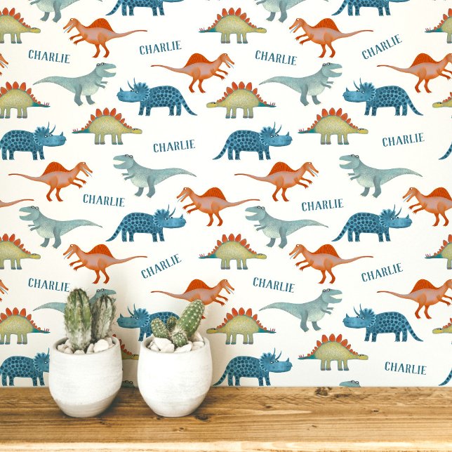 Personalisierter Name Dinosaurier Tapete (Fun unique personalized dinosaur wallpaper with child's name for kid's room and nursery)