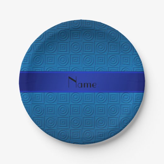 Personalisierter Name dunkelblaue Quadrate Pappteller (Vorderseite)