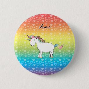 Personalisierter Name Einhorn Regenbogenherzen Button