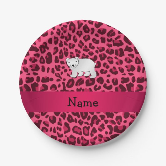 Personalisierter Name Eisbär Rosa Leoparden Pappteller (Vorderseite)