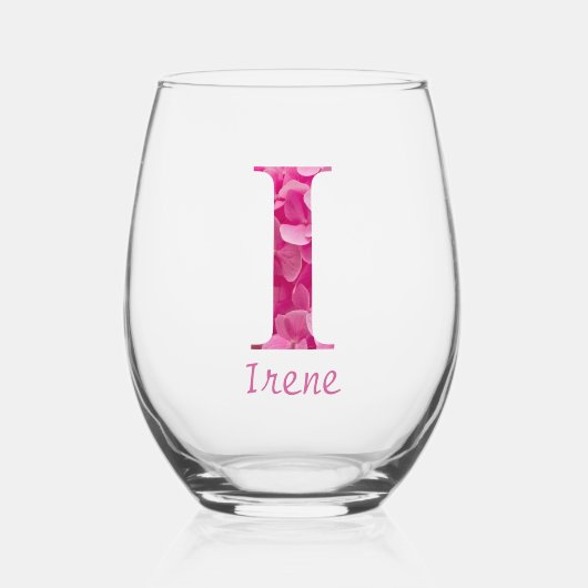 Personalisierter Name Elegant Pink Floral Monogram Weinglas Ohne Stiel (Vorderseite)