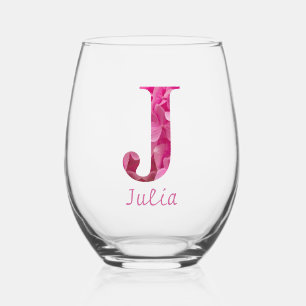 Personalisierter Name Elegant Pink Floral Monogram Weinglas Ohne Stiel