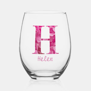 Personalisierter Name Elegant Pink Floral Monogram Weinglas Ohne Stiel