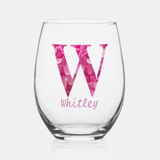 Personalisierter Name Elegant Rosa Floral Monogram Weinglas Ohne Stiel (Vorderseite)