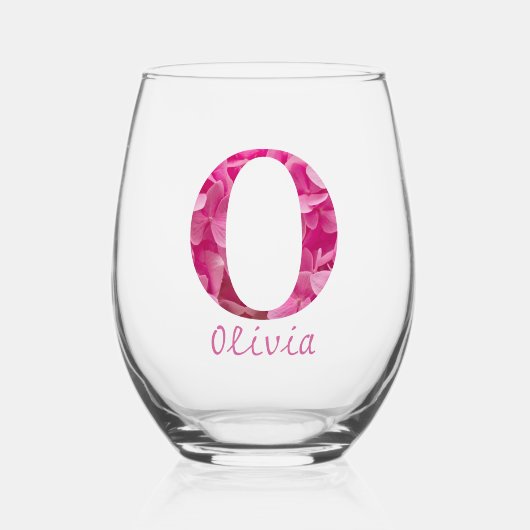 Personalisierter Name Elegant Rosa Floral Monogram Weinglas Ohne Stiel (Vorderseite)