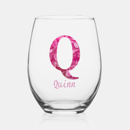 Personalisierter Name Elegant Rosa Floral Monogram Weinglas Ohne Stiel