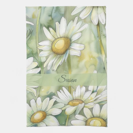 Personalisierter Name Elegante Wasserfarben-Blume Geschirrtuch (Vertikal)