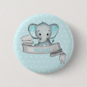 Personalisierter Name Elephant Baby Boy Blue & Gra Button (Vorderseite)