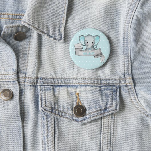 Personalisierter Name Elephant Baby Boy Blue & Gra Button (Beispiel)