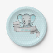 Personalisierter Name Elephant Baby Boy Blue & Gra Pappteller (Vorderseite)