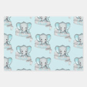 Personalisierter Name Elephant Baby Boy Blue Gray Geschenkpapier Set (Vorderseite)