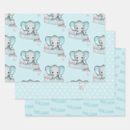 Personalisierter Name Elephant Baby Boy Blue Gray Geschenkpapier Set