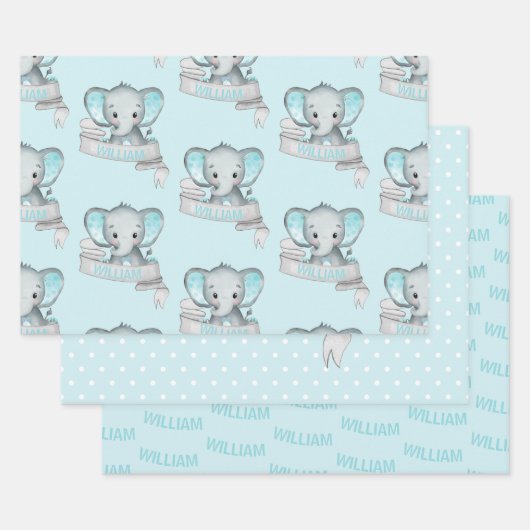 Personalisierter Name Elephant Baby Boy Blue Gray Geschenkpapier Set (Set)