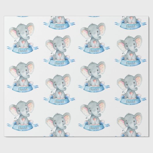 Personalisierter Name Elephant Baby Boy Blue und G Geschenkpapier (Flach)