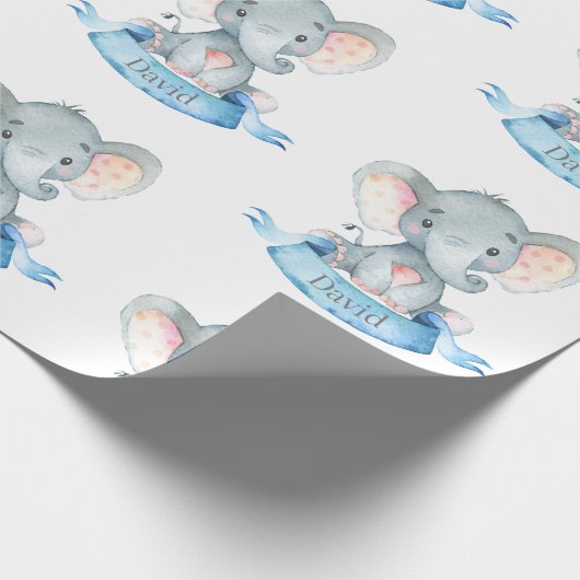 Personalisierter Name Elephant Baby Boy Blue und G Geschenkpapier (Ecke)