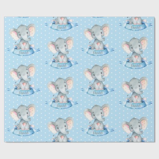 Personalisierter Name Elephant Baby Boy Blue und G Geschenkpapier (Flach)