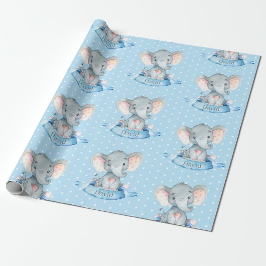 Personalisierter Name Elephant Baby Boy Blue und G Geschenkpapier (Ungerollt)